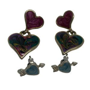 Lot of 2 Pairs of Vintage 80’s Hearts Swirl Enamel Post Earrings Pink and Teal a